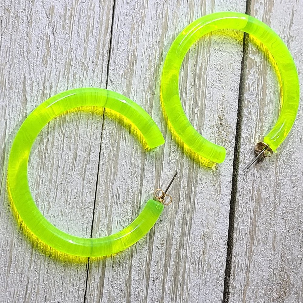 2" Yellow 80's Retro Neon Translucent Tube Lucite Hoop Earrings - Picture 3 of 11